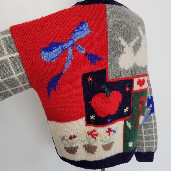 Vintage Women Novelty Twee Shetland Wool Sweater Granny Country Patchwork Large - Picture 6 of 13